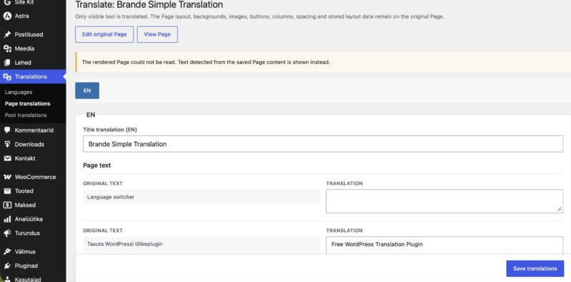 Wordpress page translations